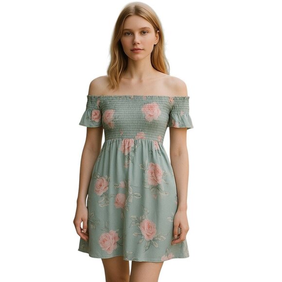Show Me Your Mumu Sage Green Floral Smocked Off Shoulder Mini Dress Small NWT - Picture 1 of 9